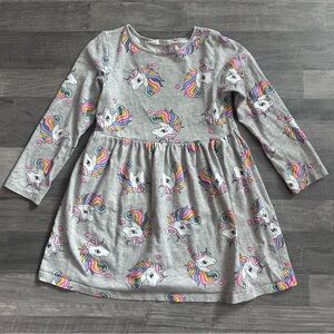 H&M Girls Gray Unicorn Print Long Sleeve Dress